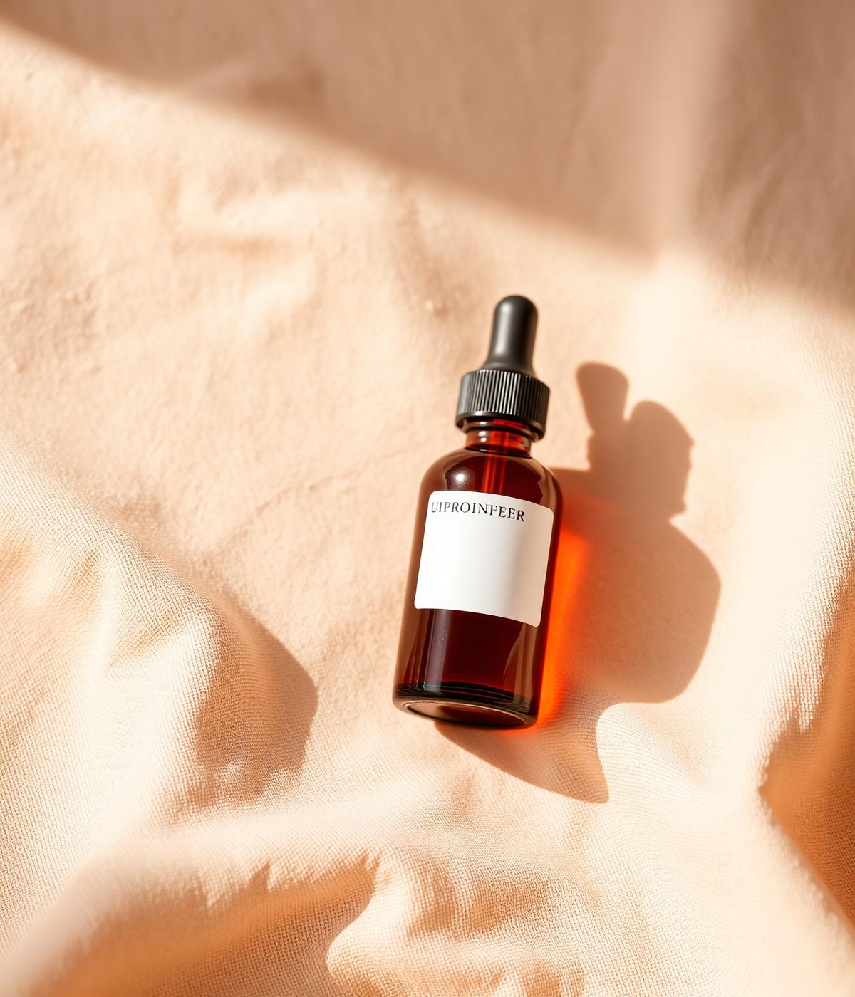 Editorial amber dropper bottle on warm linen